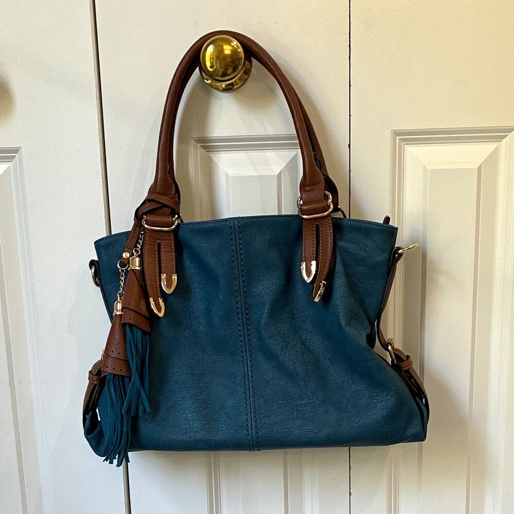 M. Collection Blue Satchel Top Handle Bag Zip Pockets Tassel Gold Hardware